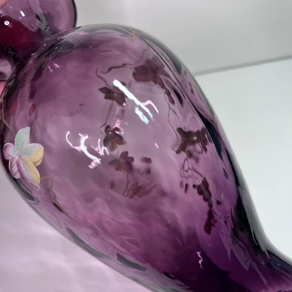 Vintage Fenton Plum Amethyst Diamond Optic Vase Hand Painted Grapes J Cunningham
